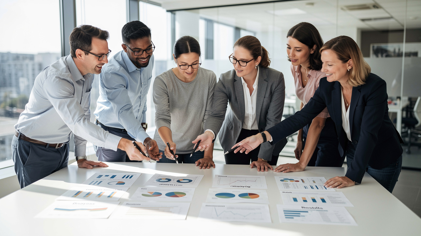 Research team discussing data charts in a meeting room